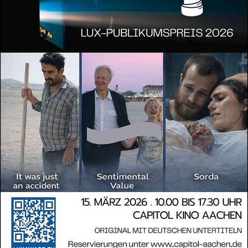 Werbeplakat für den LUX-Publikumspreis 2026 am 15. März 2026 im Capitol Kino Aachen | Sabine Verheyen