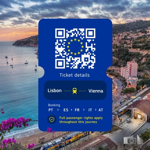 Infografik der Europäischen Kommission in Form eines blauen Zugtickets mit einem QR-Code samt EU-Sternen: abgebildet ist eine beispielhafte Bahnreise von Lissabon nach Wien durch fünf Länder mit dem Hinweis „Full passenger rights apply throughout this jou