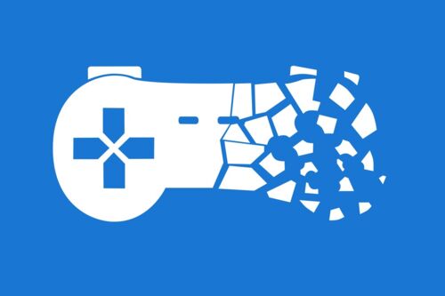 Grafische Illustration eines weißen Gamepads auf blauem Hintergrund, dessen rechte Seite in viele kleine Einzelteile zerfällt