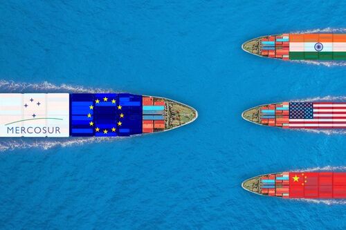 Grafik von Containerschiffen auf blauem Meer, markiert mit den Flaggen von Mercosur, der EU, Indien, den USA und China | Sabine Verheyen
