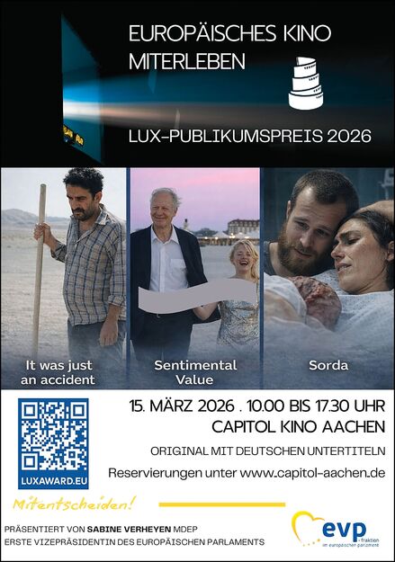 Veranstaltungsplakat für den LUX-Publikumspreis 2026 im Capitol Kino Aachen | Sabine Verheyen